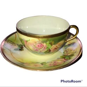 Royal Rudolstadt Prussian rose pattern gold trim tea cup and saucer Victorian